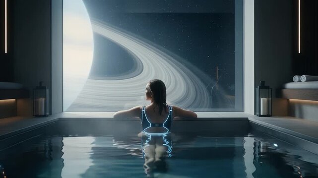 Woman in private room reflects on vast ringed celestial body