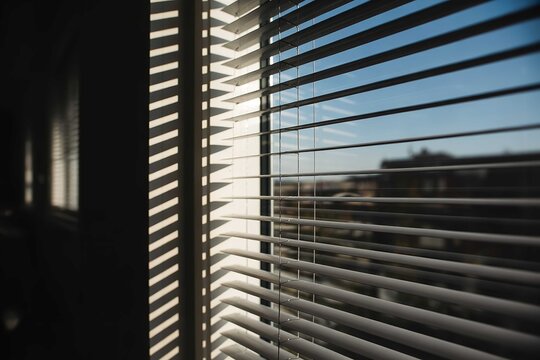 Sunlight through window blinds creating shadows a peaceful and serene indoor scene perfect for home decor or lifestyle content