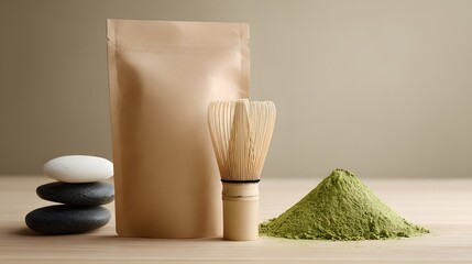 Preparation for Matcha Tea Ceremony with Bamboo Whisk and Stones for Relaxation Aromatic Green Tea Powder for Health and Wellness