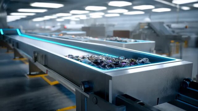 Rapidprocessing AI software analyzing and categorizing electronic scrap components on a conveyor belt in a futuristic industrial setup.