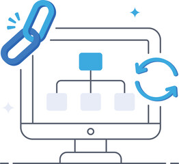 Computer linking diagram workflow with refresh arrow flat vector illustration