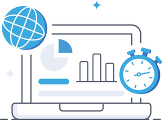 Global project deadline showing charts and timer flat vector illustration