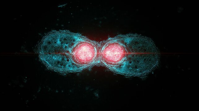 Microscopic Visualization of Cellular Division Showing Chromosomes and Membrane Activity in a Colorful Neon Spectrum