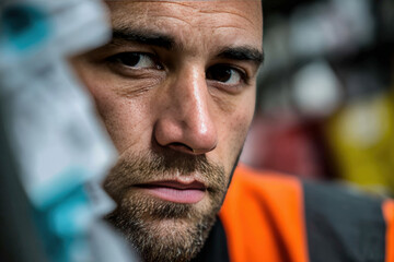 Focused Male Warehouse Worker Scanning Shipping Labels in Portrait Composition