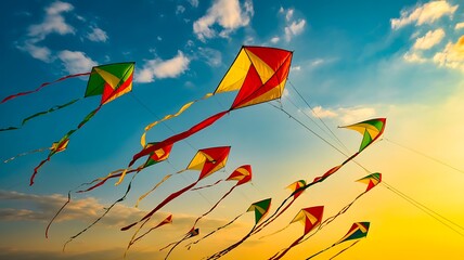 Colorful kites flying in bright sky during outdoor recreational activity on sunny day
