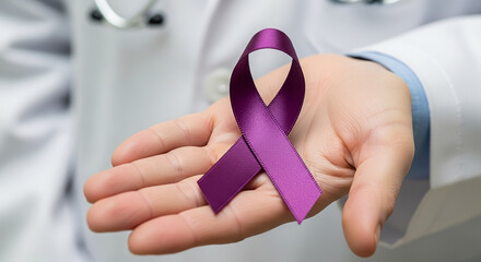Doctor holding purple awareness ribbon for disease support