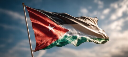 Jordanian Flag Waving Against Bright Sky in Elongated Perspective