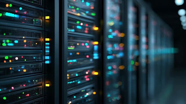 Medium shot of a server rack with glowing LED indicators illustrating realtime softwaredriven load distribution in a hightech data center environment.