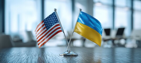 Glossy USA and Ukraine Flags on Steel Desk Stand in Minimalist Press Room
