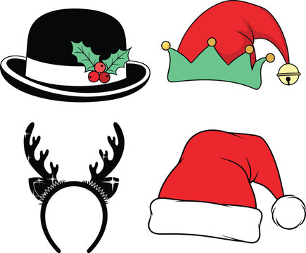 Set of vector christmas hats and headwear: featuring traditional santa hat, cute elf cap with bell, glittering reindeer antlers headband, and classic bowler hat with holly.