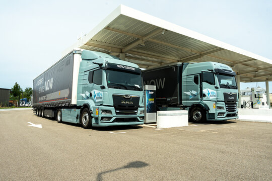 A MAN e truck charges at a clean energy station highlighting efficient battery use and a strong vision for sustainable eco friendly and emission free transportation. France &ndash; August 6, 2025