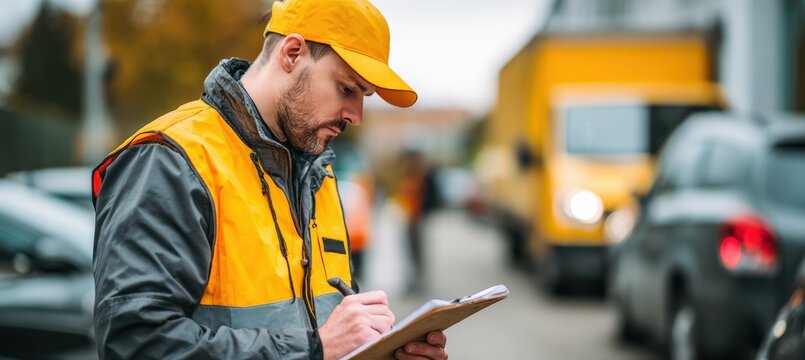 Delivery Staff Verifying Documents with Truck in Background - Powered by Adobe