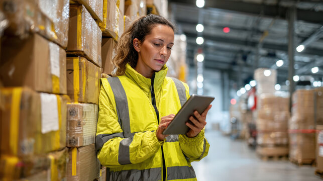 Female Logistics Planner Analyzing Data on Tablet in Warehouse
