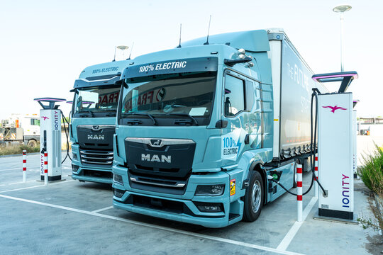 Modern MAN electric truck in charging process demonstrating efficient battery systems clean energy access and a greener future for emission free transport industries. Spain, Europe &ndash; August 7, 2025