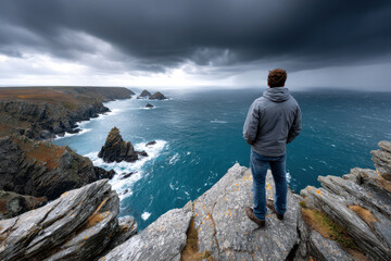 Man on cliff overlooking stormy ocean and rocky coast