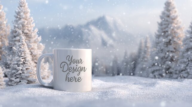 White ceramic mug mockup in a beautiful snowy winter landscape with frosted trees and distant mountains, ideal for product display
