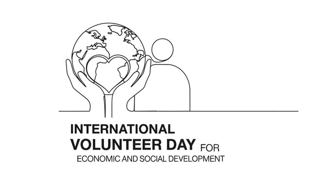 International volunteer day illustration with hands holding earth and a heart symbol