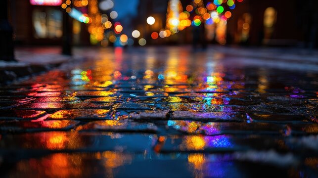 Vibrant reflections of colorful city lights on a wet cobblestone street at night, creating a festive and atmospheric urban scene with bokeh effect