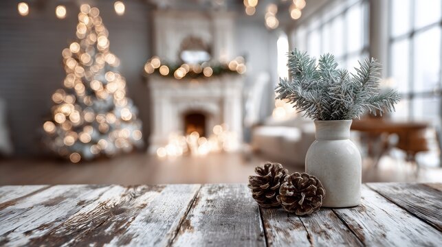 Rustic table with christmas decor, frosted pine branches, pinecones, blurred cozy living room, lit tree, fireplace