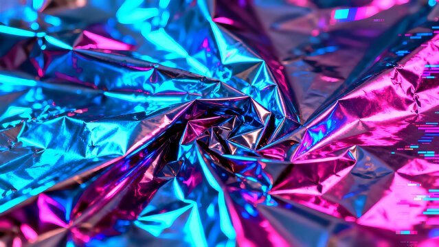 Holographic foil texture, iridescent colors, wrinkled surface, light reflection, cyberpunk aesthetic, chromatic aberration.