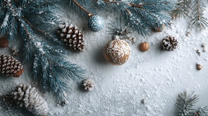 Elegant winter holiday background featuring frosted pine branches, snowdusted pinecones, and sparkling christmas ornaments on a white snowy surface, top view