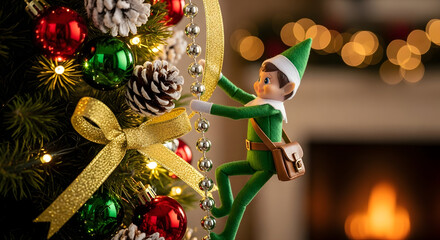 Christmas Elf Climbing a Beaded Tree With Pinecones and Ornaments.