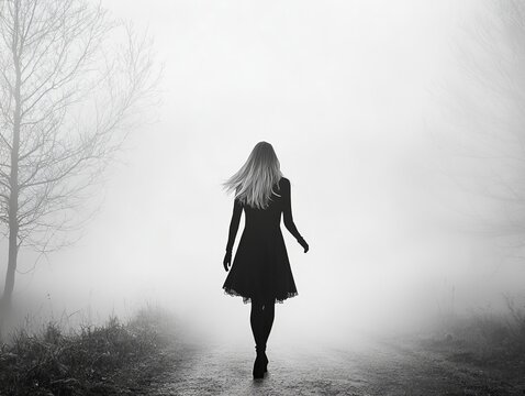 Silhouette of a young woman walking through a foggy path, evoking a sense of mystery and introspection. - Powered by Adobe