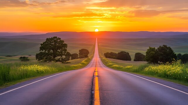 Straight road leading to bright sunset over green fields in peaceful countryside landscape
 - Powered by Adobe