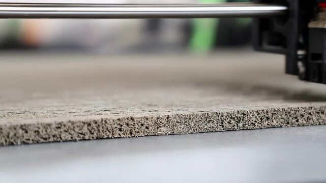 Close medium shot of a 3D printer extruding composite material for housing focusing on the texture and precision involved in creating ecofriendly modern homes.