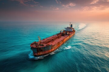 Aged Red Oil Tanker Drifting in Turquoise Waters at Sunset
