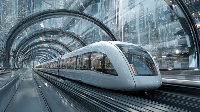Futuristic Hyperloop Train in Transparent Tunnel Concept Art