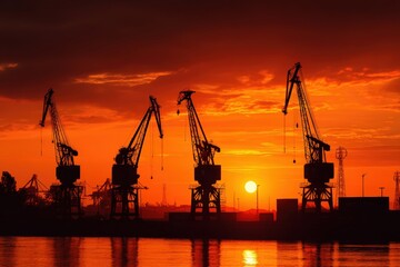 Fototapeta premium Silhouetted Cranes at Sunset in a Tranquil Port Scene