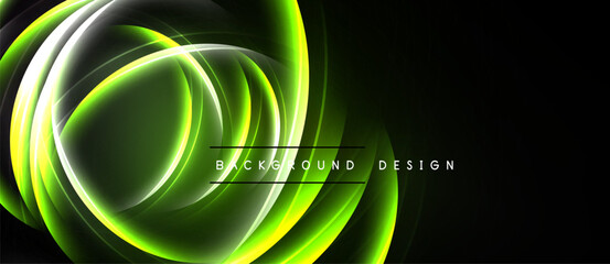 Abstract design features glowing curves, vibrant green hues, dark background. Modern aesthetic, dynamic lines create visual interest.