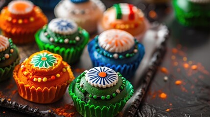 Festive table setting for Indian Independence Day featuring national desserts and sweets with green and orange themed cupcakes and cookies. Patriotic color scheme