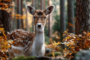 Obraz premium Fawn with white spots in autumn forest