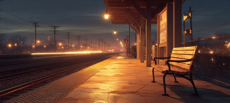 Serene Evening at Empty Train Station Platform with Warm Lighting