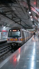 Naklejka premium Metro Train Arriving at Clean Underground Station with Tiled Walls