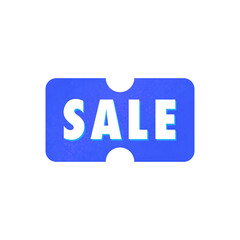 Modern blue sale label with a subtle 3D text effect, shaped like a promotional ticket or discount coupon, presented on a pure White Background