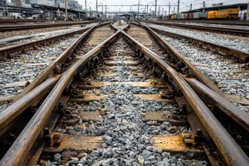 Fototapeta premium Symmetrical Rail Tracks Converging on Horizon with Gravel and Metal Detail