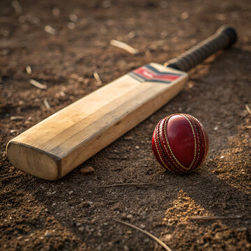 Cricket bat and ball on dirt surface in natural lighting  