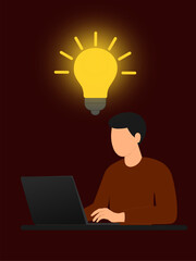 Creativity and idea generation at work. Working on a laptop and inspiration. A light bulb symbolizes the emergence of a new idea or insight.