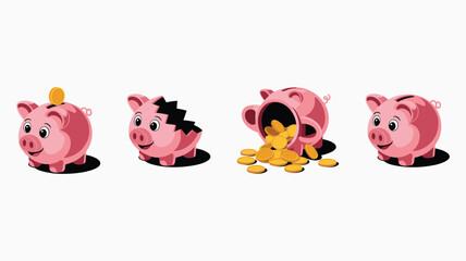 Four cartoon pink piggy banks with different expressions and actions on a white background saving money