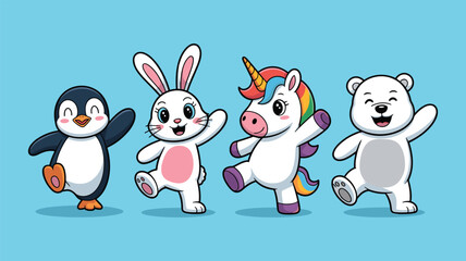 Four cute cartoon animals including a penguin, bunny, unicorn, and polar bear dancing together Keywords: penguin, bunny, rabbit, unicorn, polar bear, animal, cartoon, cute, illustration, character
