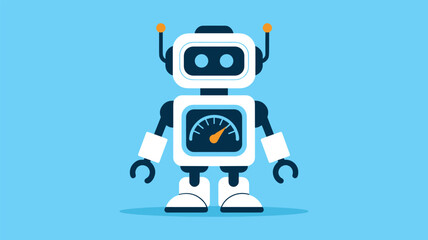 A friendly cartoon robot with a speedometer on its chest against a blue background Keywords: robot, android, machine, technology, AI, artificial intelligence, futuristic, mechanical, character