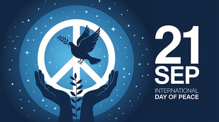 International day of peace illustration with dove peace symbol and hands on blue background for global harmony
