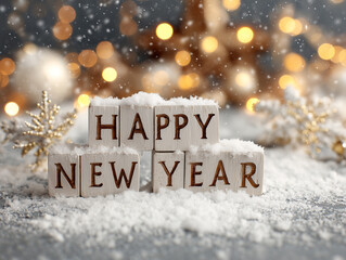 Drewniane kostki z napisem "HAPPY NEW YEAR" pokryte śniegiem. W tle złote dekoracje i rozmyte lampki choinkowe. Świąteczny, zimowy i radosny klimat.