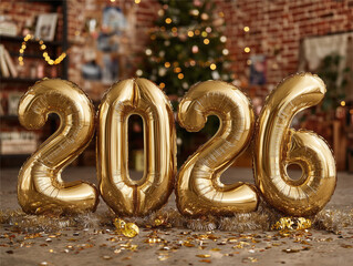 Balony foliowe w kształcie liczby 2026 i konfetti na podłodze, na tle rozmytej, świątecznie udekorowanej choinki w loftowym wnętrzu. Życzenia Nowego Roku.