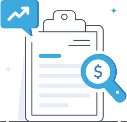 Financial report analysis with search and chart Flat vector illustration