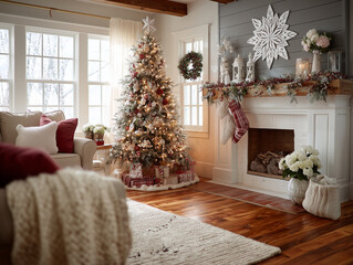 Przytulny, świątecznie udekorowany salon z choinką, kominkiem, girlandą i dużym oknem. Dominują biele, beże i akcenty czerwieni. Nowoczesny styl.