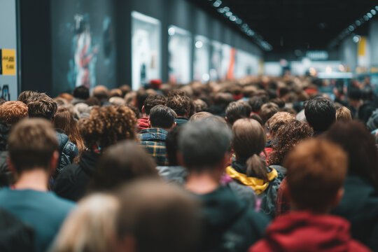 Widok z tyłu na duży, gęsty tłum ludzi zgromadzonych wewnątrz budynku, prawdopodobnie na targach lub wyprzedaży. Tłok i anonimowość.